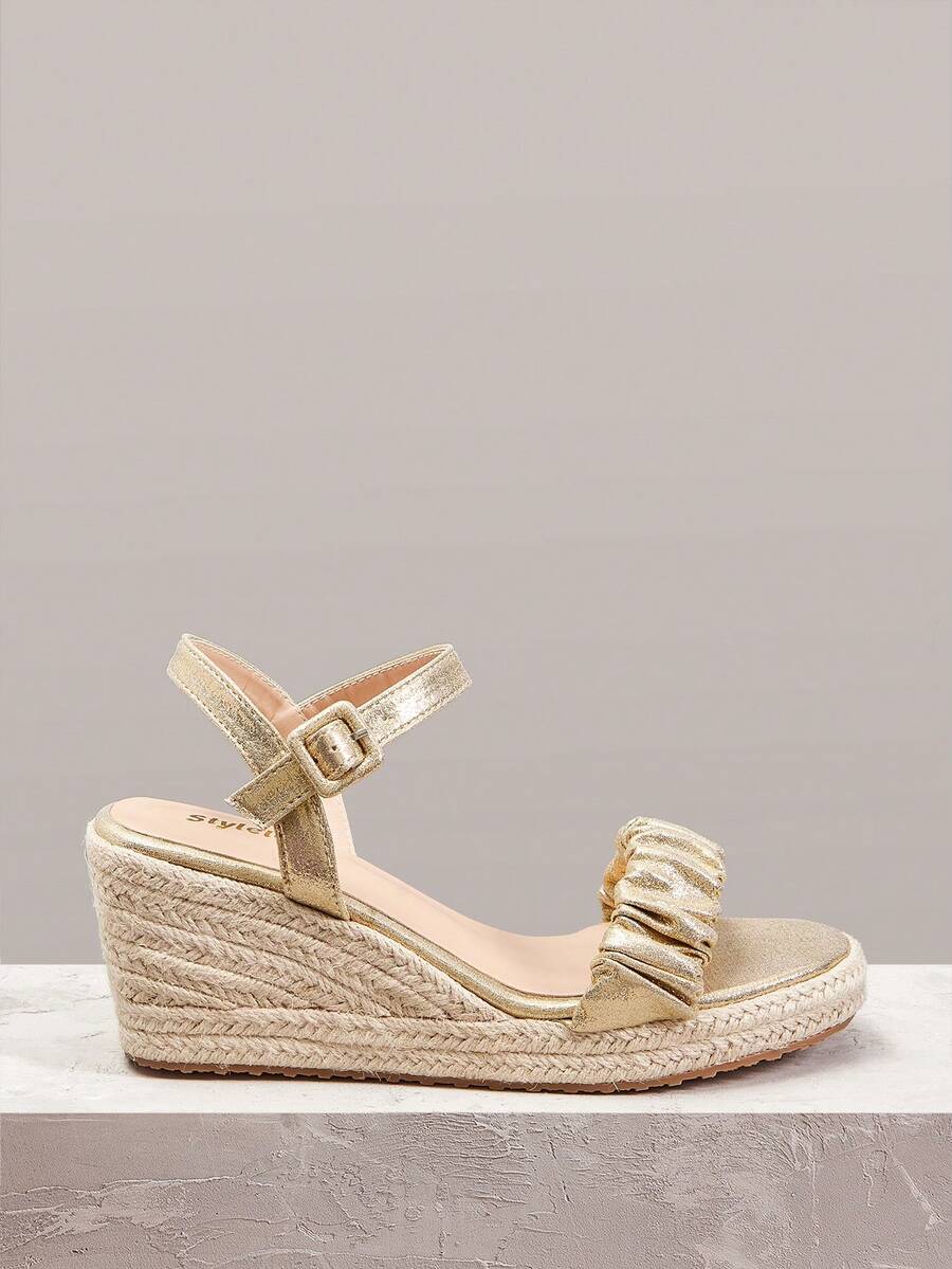 Styleloop Ladies Braided Rope Bottom Wedge Sandals Vacation Style Bohemian Fashion Vintage American Western Music Festival Party Dress Suitable For Christmas Va - Light gold - View 1