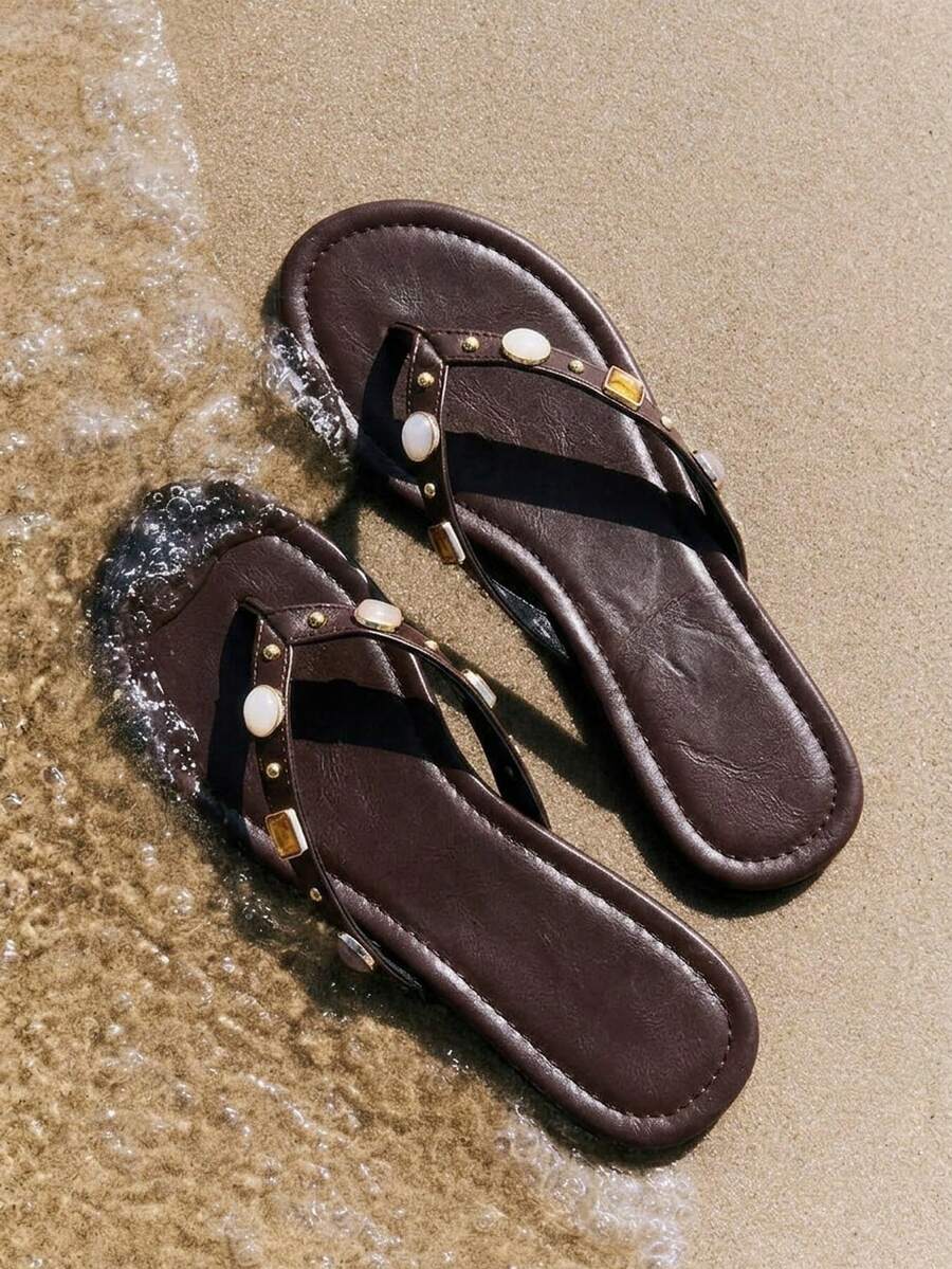 Grefit Ladies' Elegant Summer Brown PU-Faced Flat-Bottomed Slippers - Brown Z - View 1