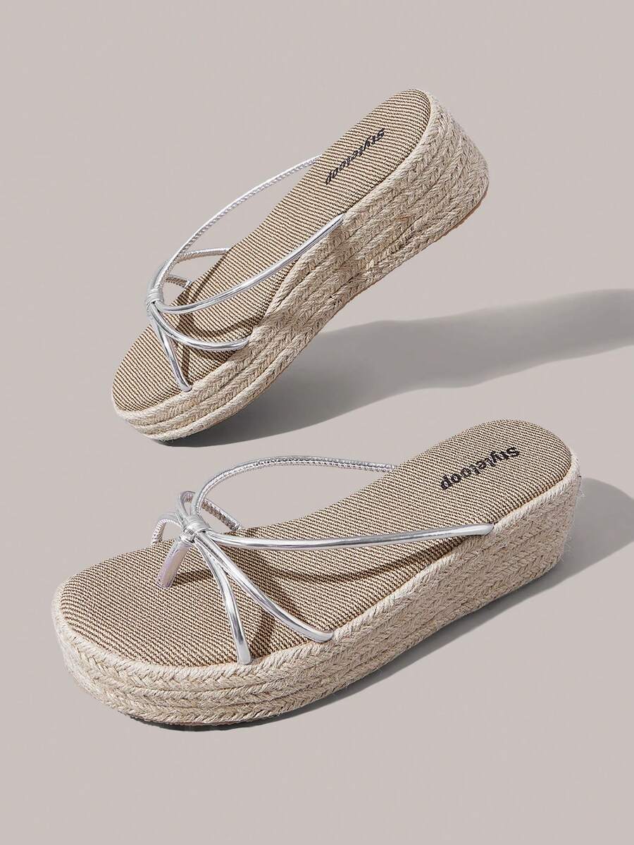 Styleloop Spring And Summer New Silver Thin Strip With Foot Clip Hemp Rope Bottom Women's Flat Sandals Comfortable And Breathable Thick-Soled Sandals Beach Vaca - Silver - View 1