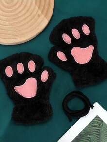 ROMWE Kawaii 1 Pair Cute Plush Cat Paw Fingerless Gloves - Black - View 9