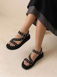 HighSole Women's Casual Buckle Design Flat Sandals For Daily Wear And Vacation Summer - Black - View 8