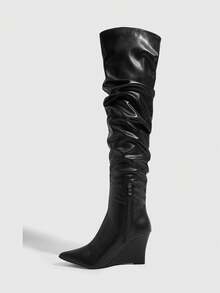 CUCCOO SZL Fashion Pointed Wedge Heel Black PU Face Ultra High Boots Big Box Pile Boots Pleated Boots Sexy Party Banquet Nightclub High Heel Ladies Over Knee Boo Fall Shoes - Black - View 4