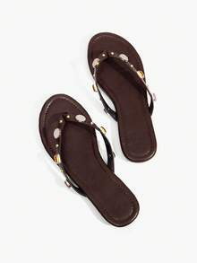 Grefit Ladies' Elegant Summer Brown PU-Faced Flat-Bottomed Slippers - Brown Z - View 3