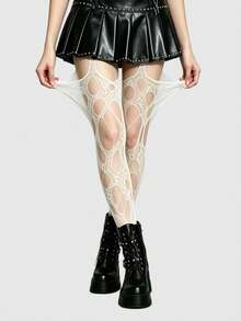ROMWE Goth 高彈性酒紅色性感女款破洞連身褲 網襪褲襪緊身褲 - 純奶白色 - 查看 1