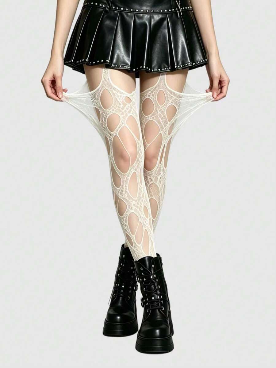 ROMWE Goth 高彈性酒紅色性感女款破洞連身褲 網襪褲襪緊身褲 - 純奶白色 - 查看 1