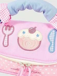 ROMWE Ladies Handbag, Sweet And Cute Cartoon Shape Food Pattern Embroidery, Printed Y2K, Mini Color Matching Bag Daily Shopping, Campus, Party - Pink - View 4