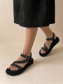 HighSole Women's Casual Buckle Design Flat Sandals For Daily Wear And Vacation Summer - Black - View 7