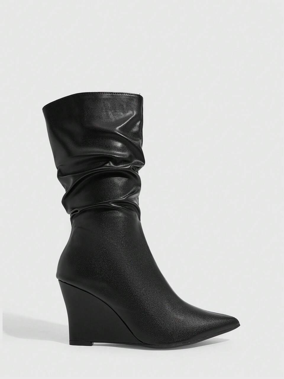 CUCCOO SZL Women's Fashion Pointed Toe Wedge Heel Black PU Mid-Calf Pleated Boots, Sexy Party Nightclub Ankle Boots
