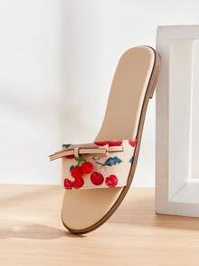 Solezae Women Cherry Fruit Print Slip-On Open Toe Everyday Summer Dreamy Cute PU Flat Sandals - Multicolor - View 5