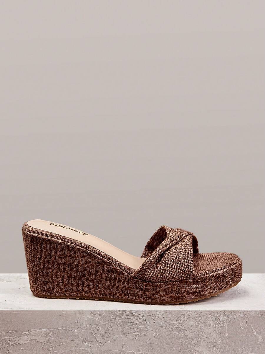 Styleloop Ladies Shoes, Linen Texture, Brown, Open-Toed, Wedge Sandals, Retro Style, Suitable For Summer French Casual Vacation Wear - Brown - View 1