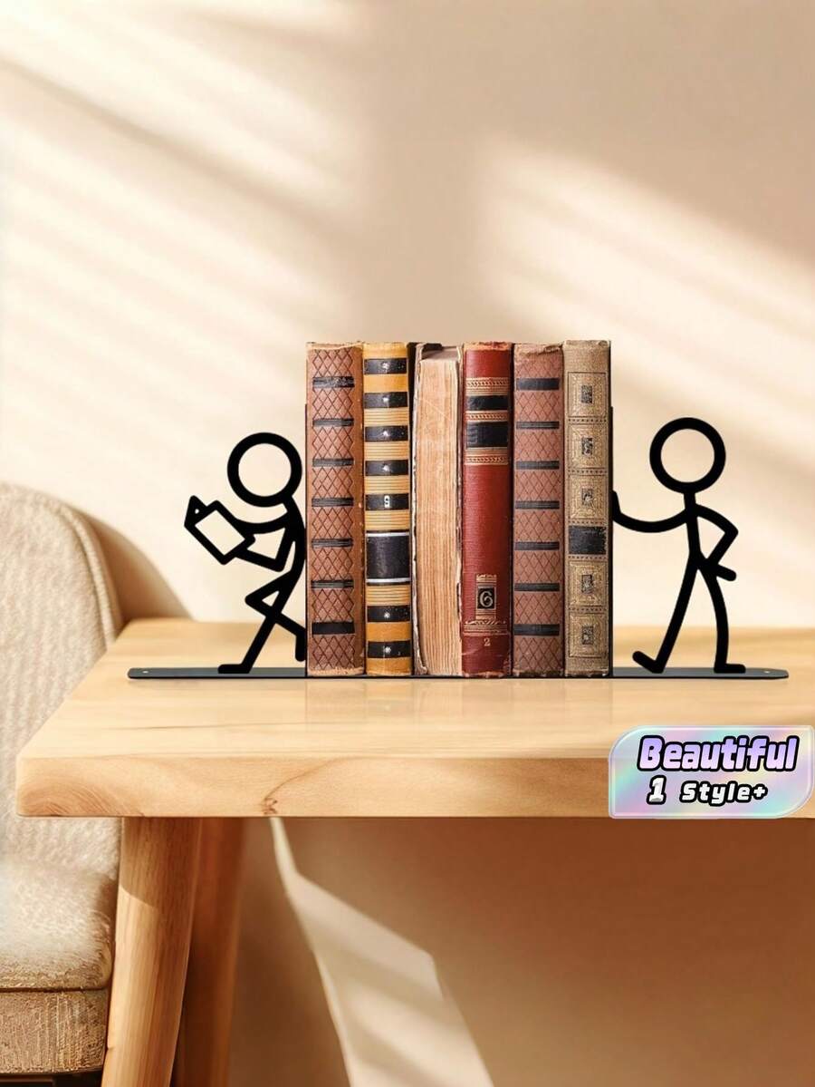 2PCS Metal Bookends Durable Non Slip Heavy Duty Book Stands Stick Figure Pattern Home Office Study Room Library Storage Organizer Gift For Readers Writers Students Christmas Housewarming Back To School Vintage Trending - View 1