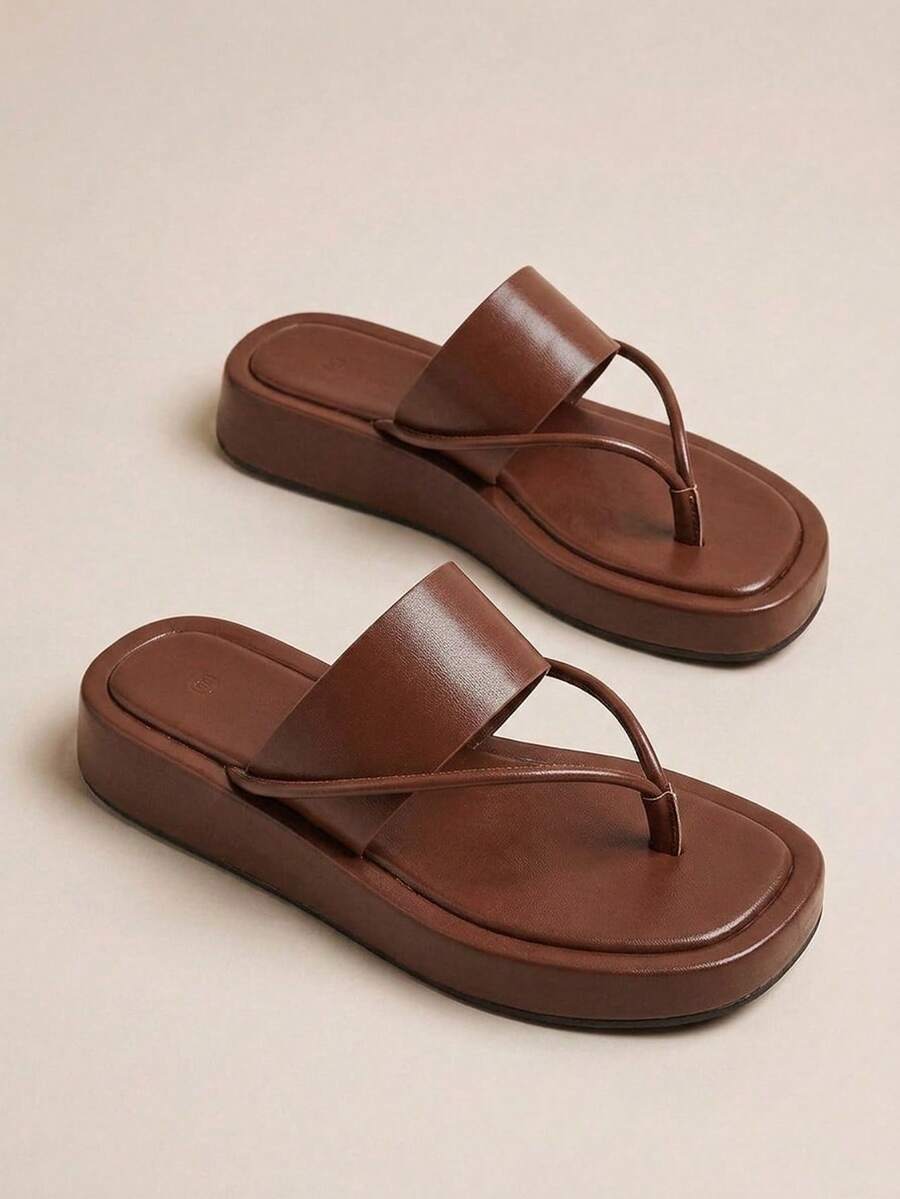 HighSole Women's Minimalist Strap Design Square Toe Platform Slip-On Sandals, Brown, Soft & Comfortable, Non-Slip, Suitable For Casual, Commuting, Shopping, Beach, Vacation, Versatile Summer Outfit Summer Shoes - Brown - View 1