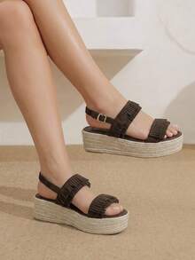 Styleloop Brown Tassel Thick-Soled Muffin Sandals Women's, Hemp-Braided Wedge Heel Buckle With Open-Toed Sandals - Brown - View 10