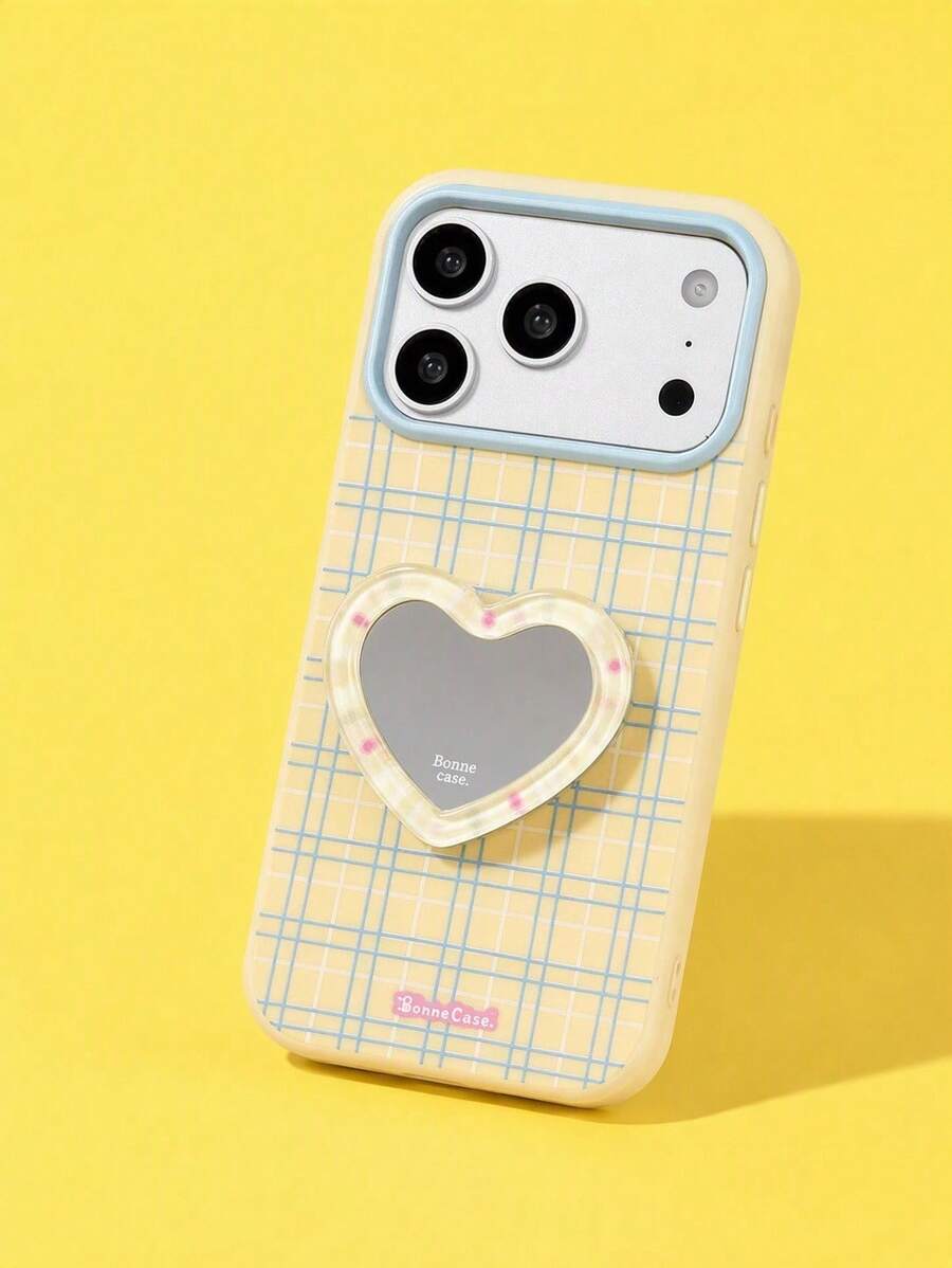 ShellaStory Heart-Shaped Mirror Stand Compatible With Apple 17PM Phone Case Compatible With Iphone 16, Suitable For 15, High-Appearance 14, Soft 17, Fresh Checkered Fashion, Personalized, Girl, Creativity, Simple Style, Fresh And Simple, Niche, Ins Style - Yellow - View 1