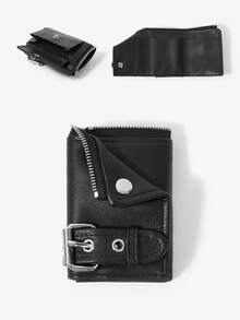 Viva Strut 1 buah Dompet Pendek Kulit Imitasi Hitam Modis, Personalisasi Gaya Jalanan Manis dan Keren untuk Gadis Y2K, Desain Resleting, Slot Kartu Ganda - Hitam - View 1