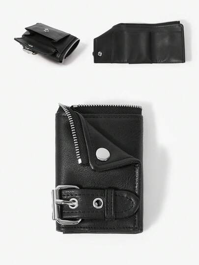 Viva Strut 1pc Fashionable Personalized Street Sweet And Cool Girl Y2K Black Imitation Leather Zipper Design Short Wallet, Multi-Card Slot