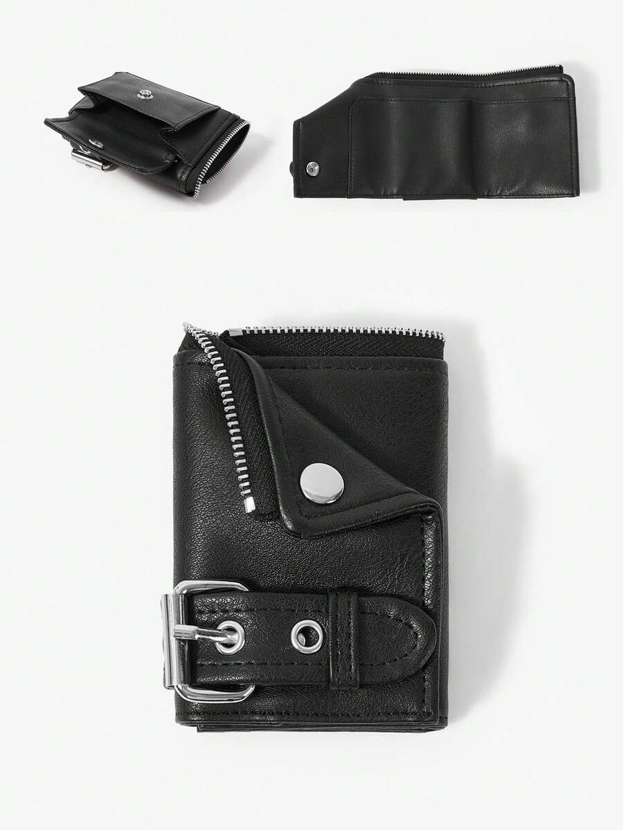 Viva Strut 1 buah Dompet Pendek Kulit Imitasi Hitam Modis, Personalisasi Gaya Jalanan Manis dan Keren untuk Gadis Y2K, Desain Resleting, Slot Kartu Ganda - Hitam - View 1