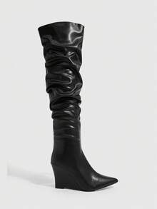 CUCCOO SZL Fashion Pointed Wedge Heel Black PU Face Ultra High Boots Big Box Pile Boots Pleated Boots Sexy Party Banquet Nightclub High Heel Ladies Over Knee Boo Fall Shoes - Black - View 2