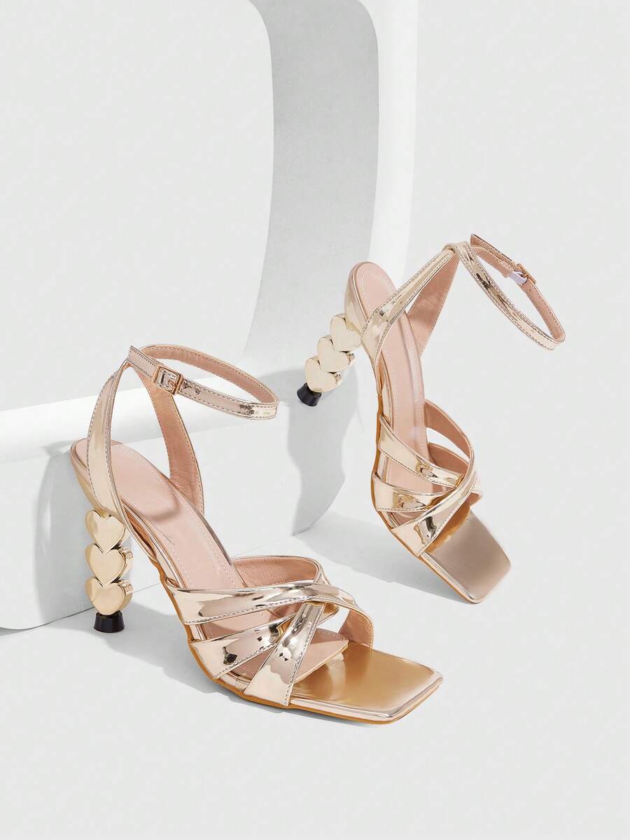 CUCCOO SZL 女款時尚派對圓頭包頭高跟涼鞋,附後綁帶 - 條帶金色 - 查看 1
