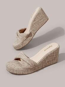 Styleloop Ladies Shoes, Linen Texture, Khaki, Open-Toe, Wedge Sandals, Retro Style, Suitable For Summer French Casual Vacation Wear - Khaki - View 3
