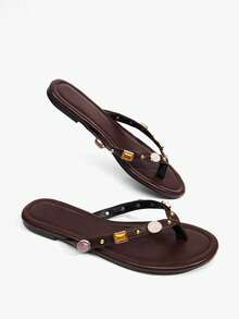 Grefit Ladies' Elegant Summer Brown PU-Faced Flat-Bottomed Slippers - Brown Z - View 11