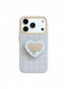 ShellaStory Heart-Shaped Mirror Stand Compatible With Apple 17PM Phone Case Compatible With Iphone 16, Suitable For 15, Highly Attractive 14, Soft 17, Fresh Checkered Fashion, Personalized, Girl, Creativity, Simple Style, Fresh And Simple, Niche, Ins Style - Blue - View 7