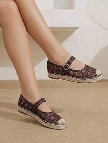 Styleloop 女款瑪麗珍漁夫鞋，網布蕾絲刺繡綁帶，田園溫柔風，日常通勤百搭時尚平底鞋 - 酒紅色 - 查看 4