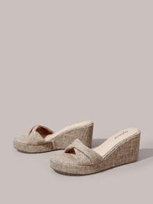 Styleloop Ladies Shoes, Linen Texture, Khaki, Open-Toe, Wedge Sandals, Retro Style, Suitable For Summer French Casual Vacation Wear - Khaki - View 5