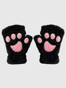 ROMWE Kawaii 1 Pair Cute Plush Cat Paw Fingerless Gloves - Black - View 7