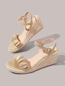 Styleloop Ladies Braided Rope Bottom Wedge Sandals Vacation Style Bohemian Fashion Vintage American Western Music Festival Party Dress Suitable For Christmas Va - Light gold - View 3