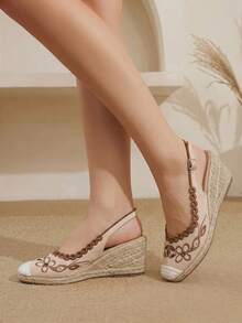 Styleloop Ladies, Rubber Band Cross Strap, Straw Rope, Sandals, High Heels. Fall Shoes - Beige - View 10
