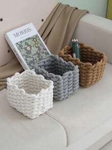 1pc Handmade Cotton Rope Storage Basket - Fabric Organizer Box For Desk, Cosmetics, Jewelry, Home Decor, Multi-Use Bin For Bedroom, Bathroom - View 3