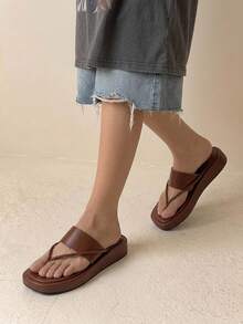 HighSole Women's Minimalist Strap Design Square Toe Platform Slip-On Sandals, Brown, Soft & Comfortable, Non-Slip, Suitable For Casual, Commuting, Shopping, Beach, Vacation, Versatile Summer Outfit Summer Shoes - Brown - View 7