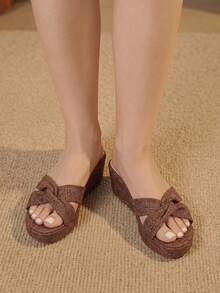 Styleloop Ladies Shoes, Linen Texture, Brown, Open-Toed, Wedge Sandals, Retro Style, Suitable For Summer French Casual Vacation Wear - Brown - View 9