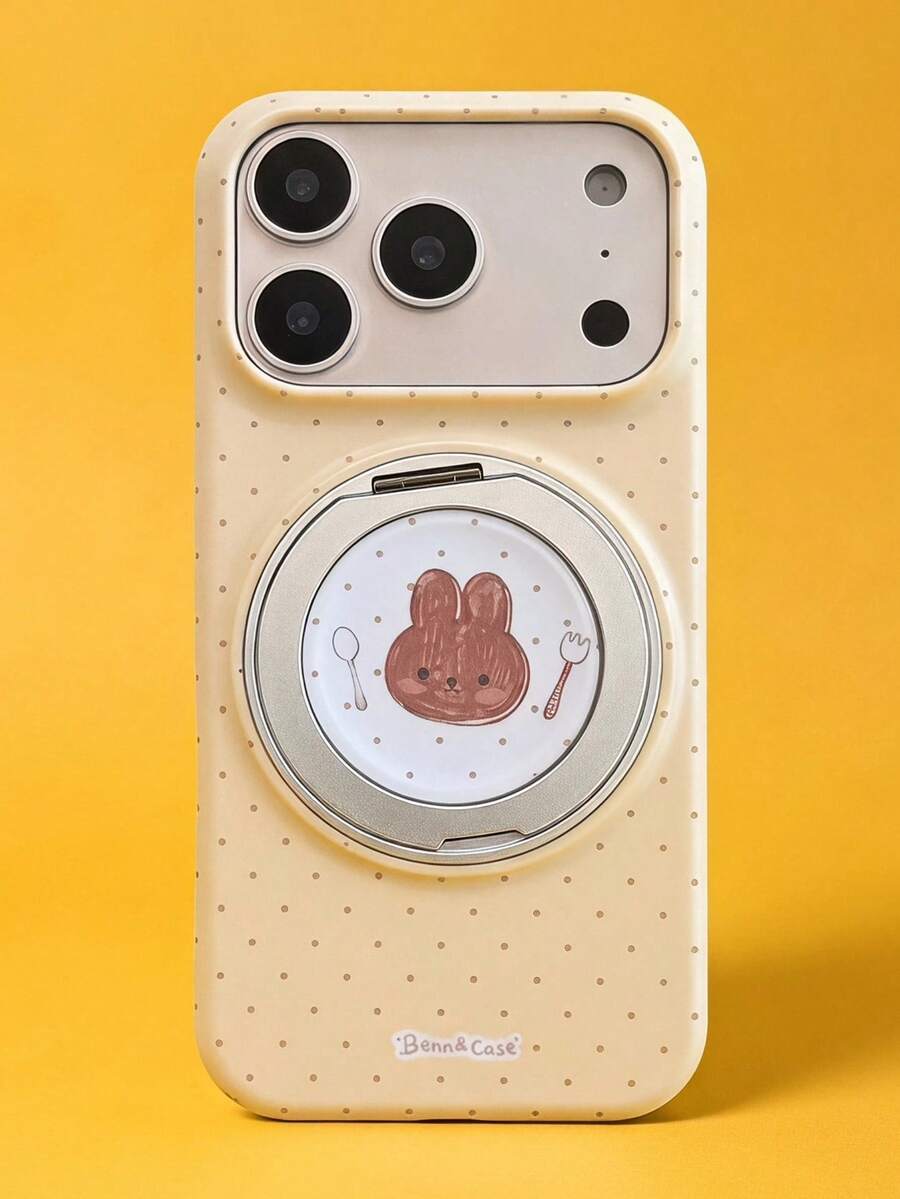 ShellaStory El soporte giratorio es adecuado para la funda del teléfono Apple 17 Pm, la funda del teléfono 16 con diseño de conejo de dibujos animados y puntos, la película 15 con atracción magnética, estilo lindo, para chicas, creativo, estilo simple, estilo de tarjeta, lindo, de nicho, estilo Ins. - Amarillo - Ver 1