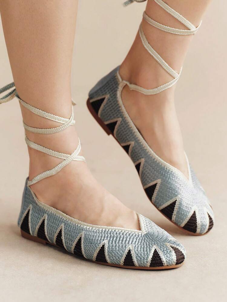Rosivie Women's Crochet Effect Multi-Color Splicing Fashion Ankle Strap Round Toe Flat Shoes, Vacation Leisure Comfortable And Versatile Fall Shoes - Light blue spell dark blue - View 1