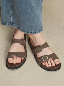 Solecia Women's Shoes Double Buckle Retro Metal Buckle Casual Retro Style Cool Slippers Daily Casual Wear - Coffee Brown - View 11
