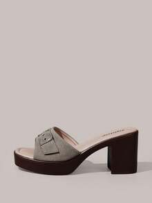 Styleloop Metal Buckle Thick Heel Mules Women, Square Toe High Heel Sandals, Retro Versatile Open-Toed Women's Shoes - Light Grey - View 6