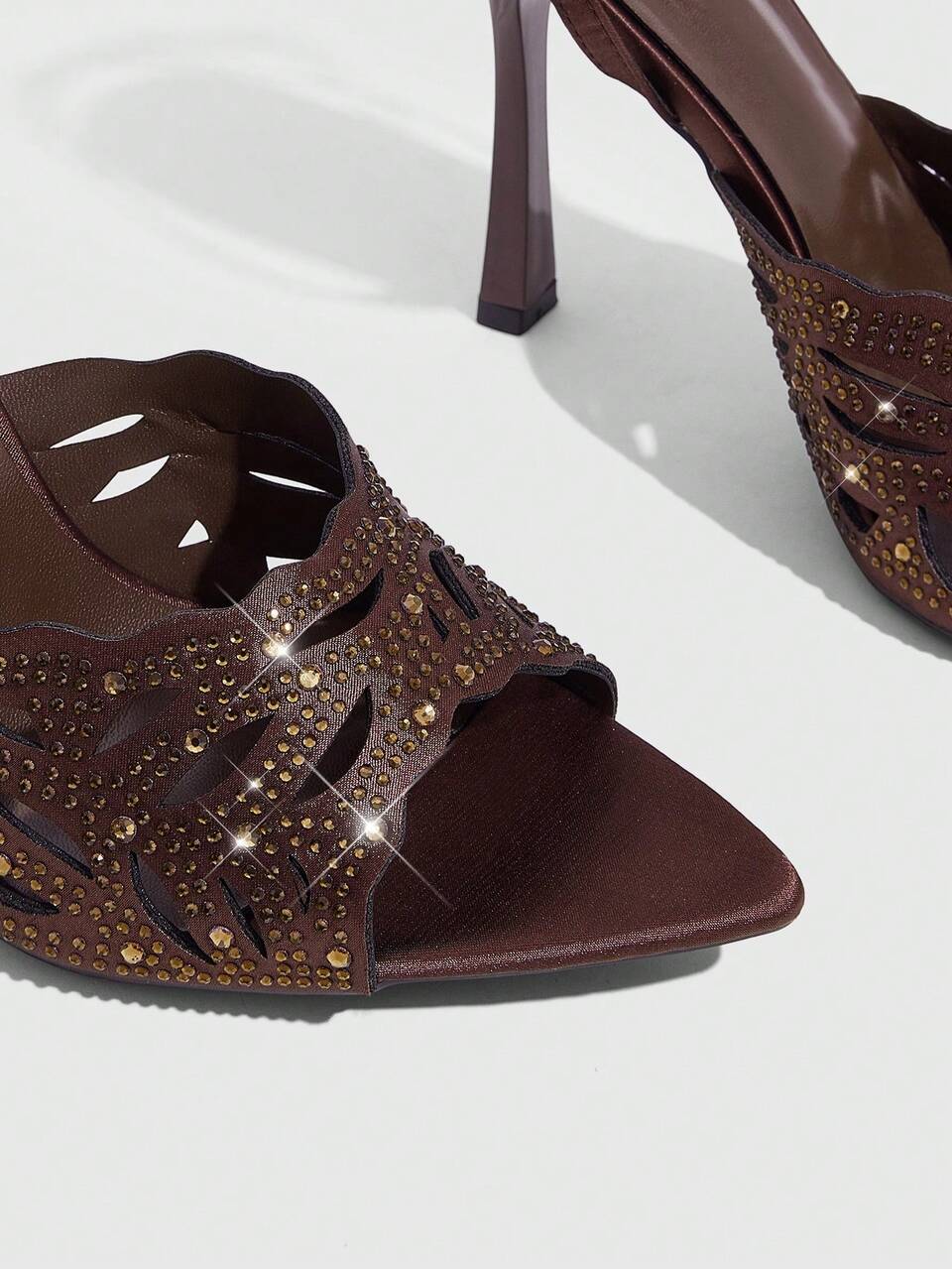 CUCCOO SZL Women Shoes Pointed Stiletto Brown Ankle Strap Hollow Rhinestone Sexy Fashion Elegant Women's High Heel Sandals Party Banquet Party Women's Sandals