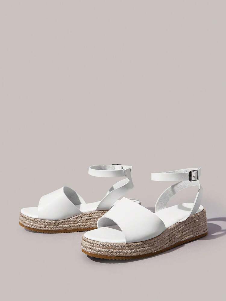 Styleloop Women's Slope Heel Platform Sandals Summer Open-Toed Hemp Rope Woven Sandals Rhinestone Shiny Bohemian Vacation Shoes Roman Beach Sandals Outside Slip - White + leather - View 9