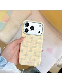 ShellaStory Heart-Shaped Mirror Stand Compatible With Apple 17PM Phone Case Compatible With Iphone 16, Suitable For 15, High-Appearance 14, Soft 17, Fresh Checkered Fashion, Personalized, Girl, Creativity, Simple Style, Fresh And Simple, Niche, Ins Style - Yellow - View 6