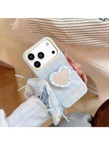 ShellaStory Heart-Shaped Mirror Stand Compatible With Apple 17PM Phone Case Compatible With Iphone 16, Suitable For 15, Highly Attractive 14, Soft 17, Fresh Checkered Fashion, Personalized, Girl, Creativity, Simple Style, Fresh And Simple, Niche, Ins Style - Blue - View 4
