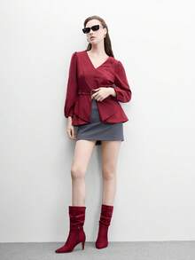 CUCCOO BIZCHIC 女款尖頭細高跟側拉鍊酒紅麂皮百褶中筒靴，日常通勤簡約百搭秋冬短靴 - 酒紅絨布 - 查看 11
