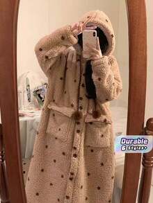 1Pc Women's Cozy Coral Fleece Hooded Robe - Warm And Soft Lounge Dress With Pockets, Machine Washable - Perfect For Fall And Winter - Multicolor - View 1