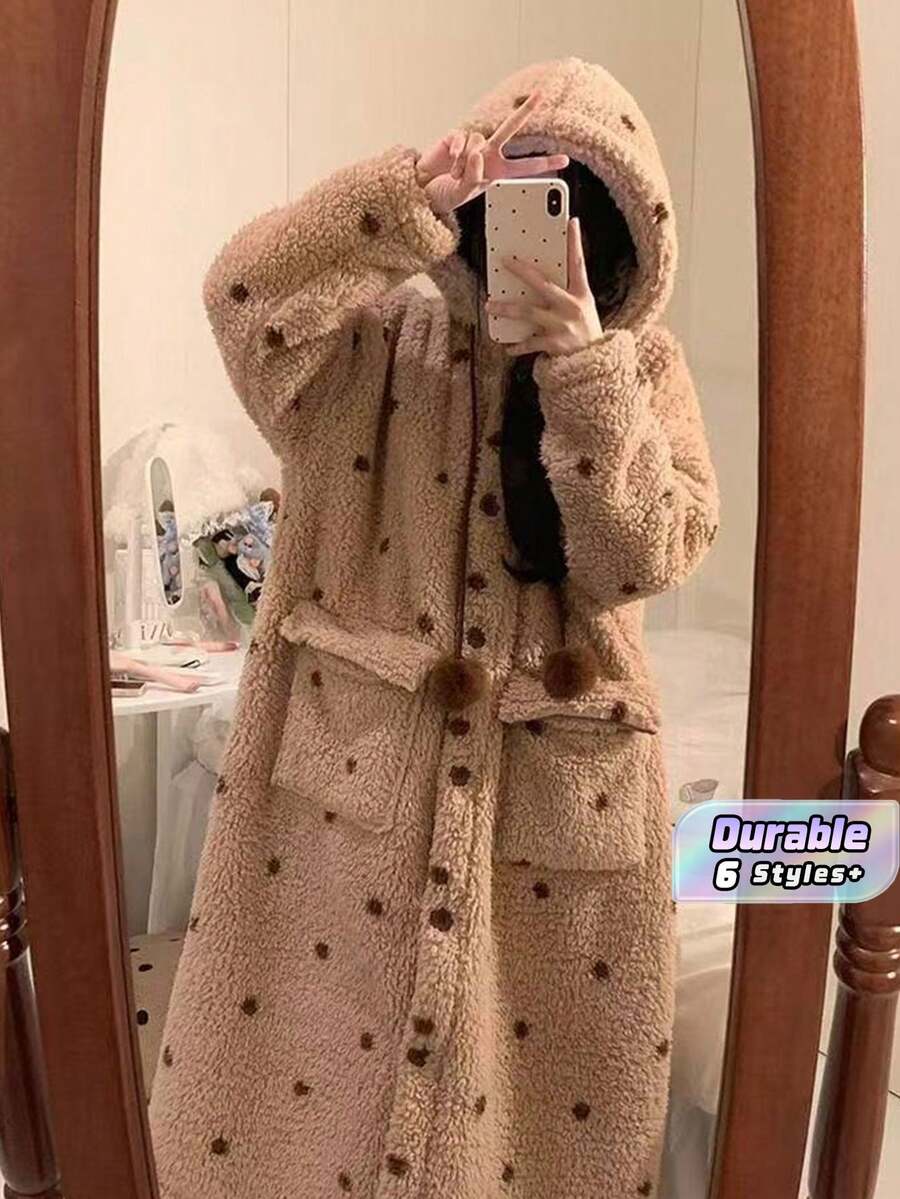 1Pc Women's Cozy Coral Fleece Hooded Robe - Warm And Soft Lounge Dress With Pockets, Machine Washable - Perfect For Fall And Winter - Multicolor - View 1