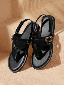 HighSole 女款方頭圓趾純色扣飾通勤職場百搭平底涼鞋，舒適一腳蹬 - 黑色 - 查看 5