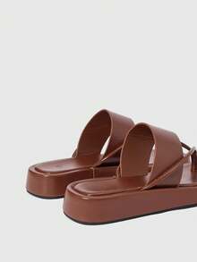 HighSole Women's Minimalist Strap Design Square Toe Platform Slip-On Sandals, Brown, Soft & Comfortable, Non-Slip, Suitable For Casual, Commuting, Shopping, Beach, Vacation, Versatile Summer Outfit Summer Shoes - Brown - View 4