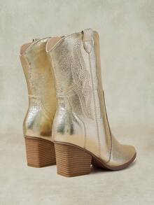 Styleloop 女款尖頭高跟側拉鍊秋冬靴 PU 西部風短靴 鑲鑽女靴 - 金色 - 查看 8