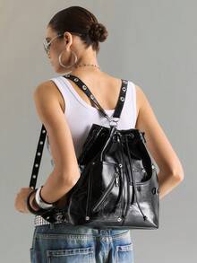Viva Strut 女士後背包，Y2K龐克風金屬氣孔鉚釘設計，抽繩開合拉鍊裝飾元素，適合日常與派對 - 黑色 - 查看 8