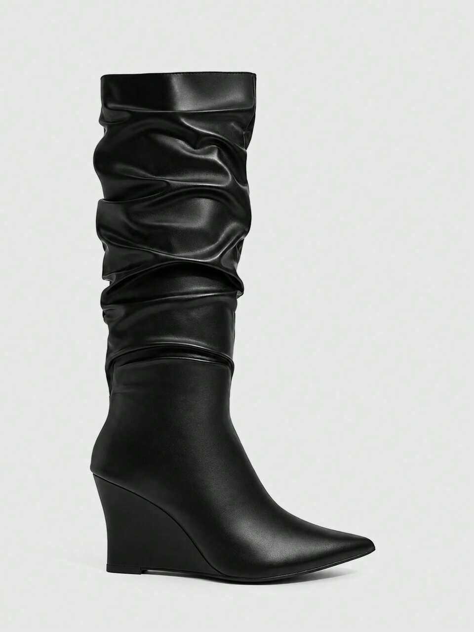 CUCCOO SZL Women Shoes Pointed Wedge Heel Black PU Face Pile Boots Pleated Boots Sexy Nightclub Party High Boots Women's Knee Boots High Boots Fall Shoes